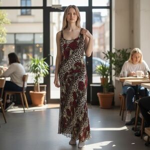 Mica Womens Leopard Rose Print Scoop Neck Maxi Tank Dress Red Brown